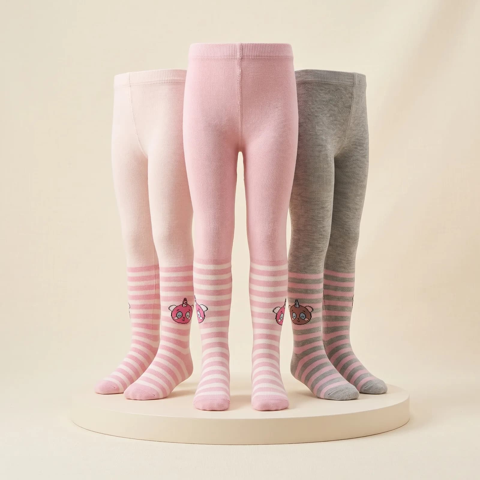 Açık pembe, pembe ve gri figürlü, çizgili üç külotlu çorap
